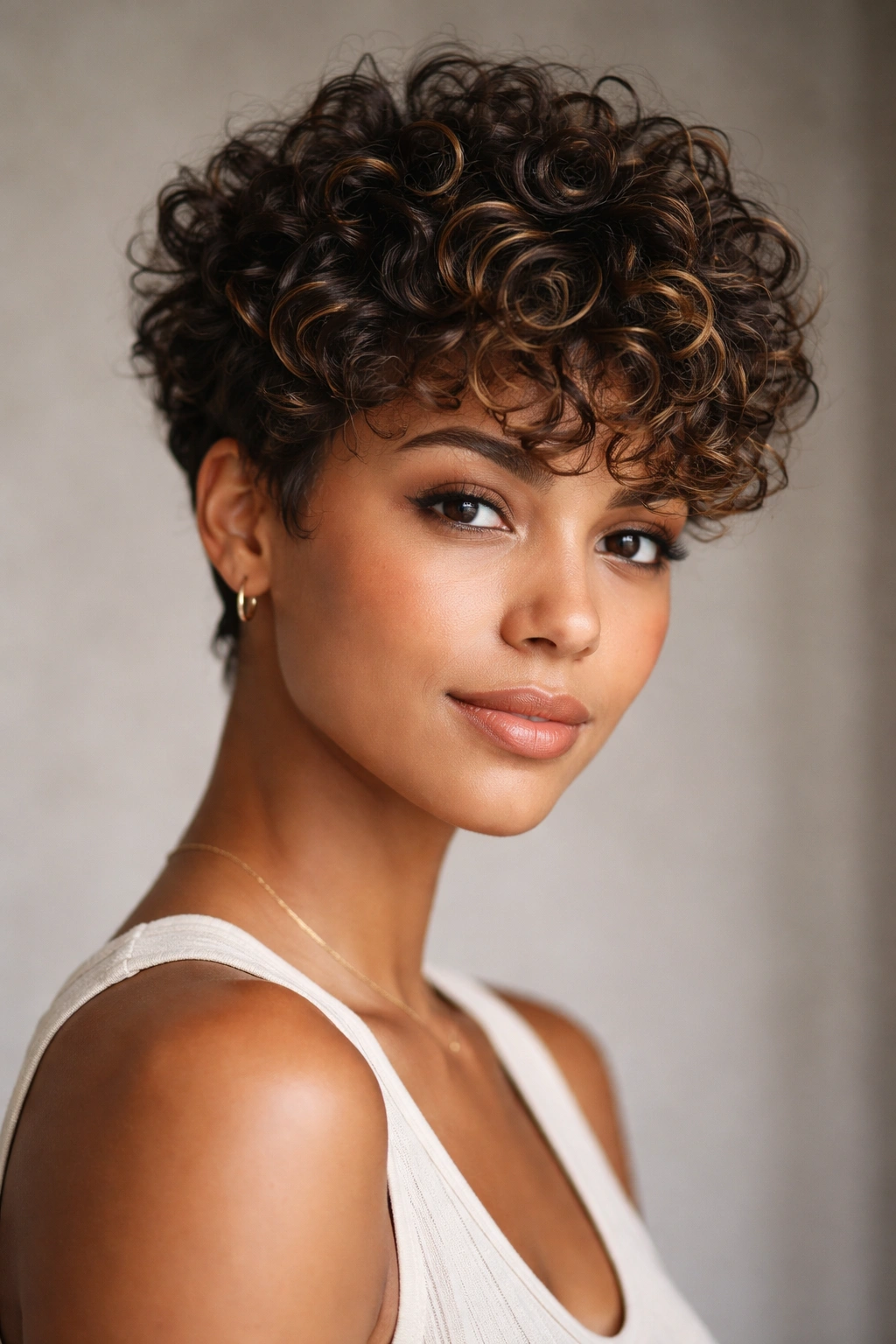 Portrait of a person with a curly pixie cut and caramel highlights, curls defined