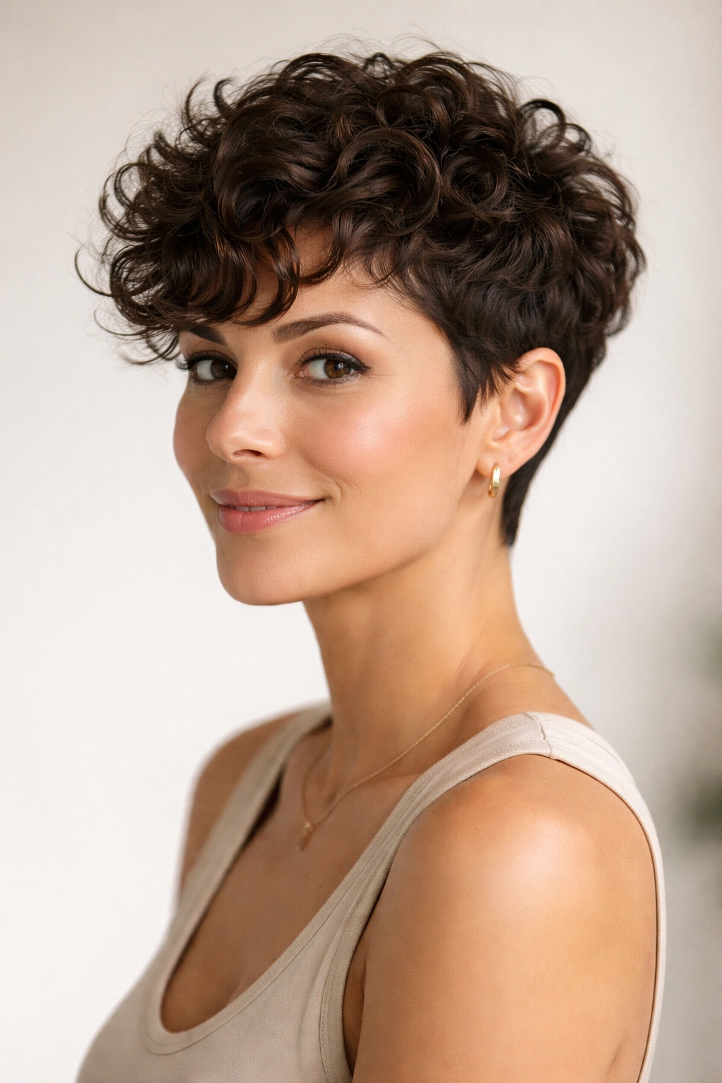 Portrait of a woman with a short curly pixie crop showing defined curls