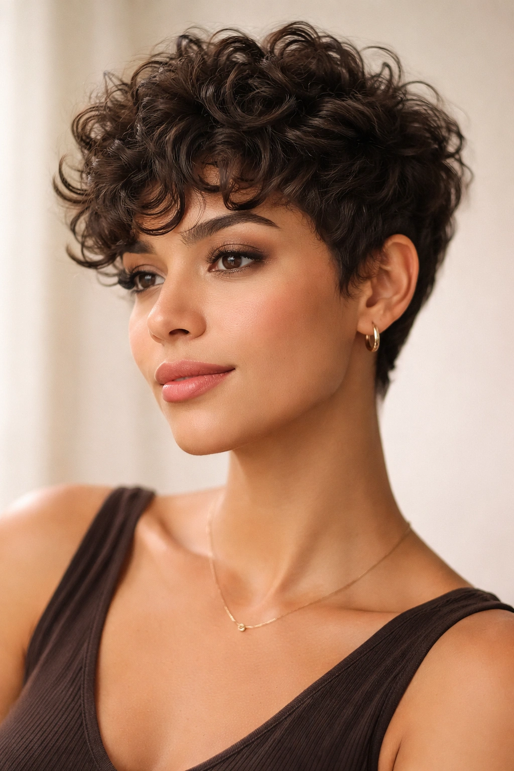 10 Curly Crop Haircuts For A Fresh Bold Look 4 Portrait of a curly pixie crop with crown volume and face-framing curls.
