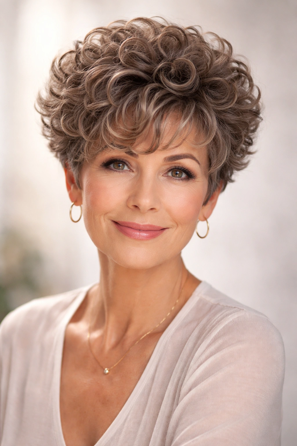 Rounded curly pixie with crown volume on a mature woman