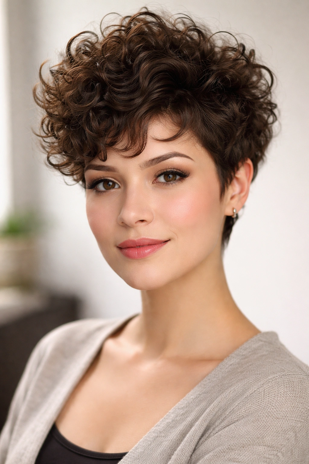 15 Slimming Short Hairstyles For Round Faces 11 Curly pixie cut with volume at the crown showing texture and height