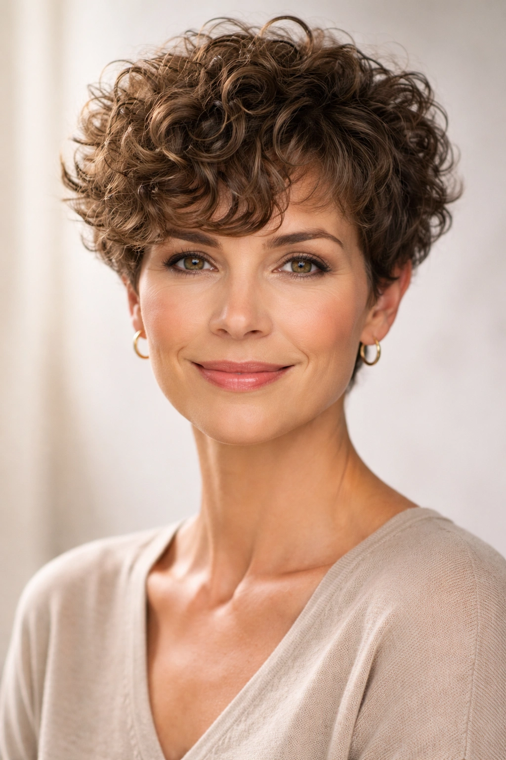Close-up portrait of Curly Pixie hairstyle on a mature woman with natural curls.