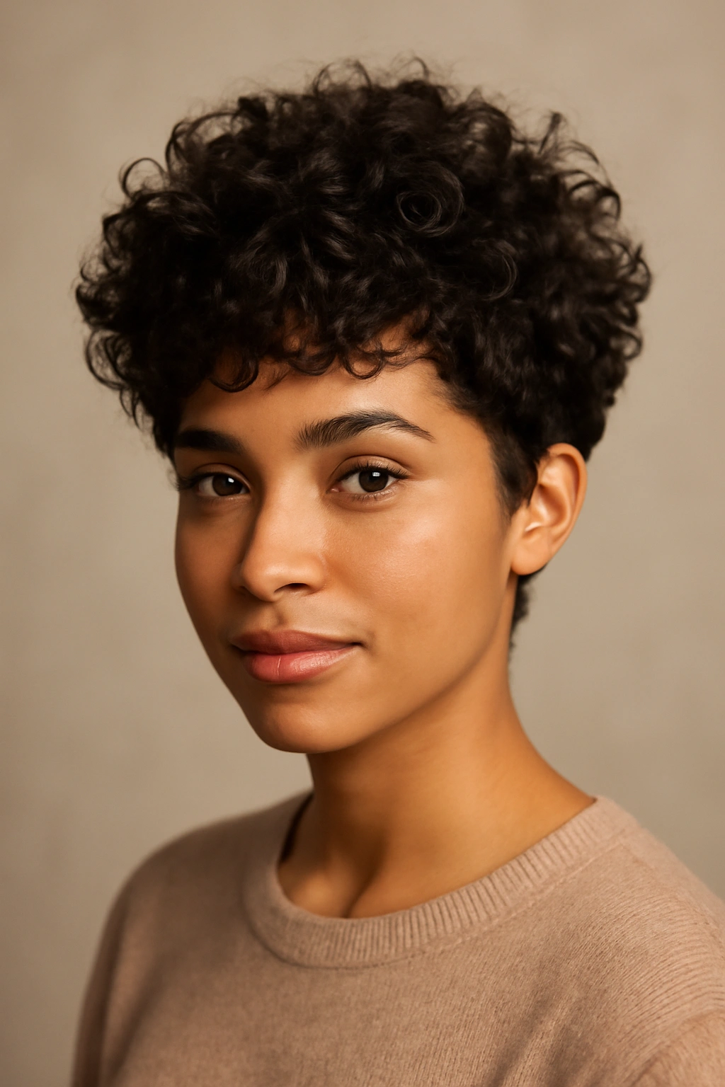 Curly pixie haircut with defined curls.