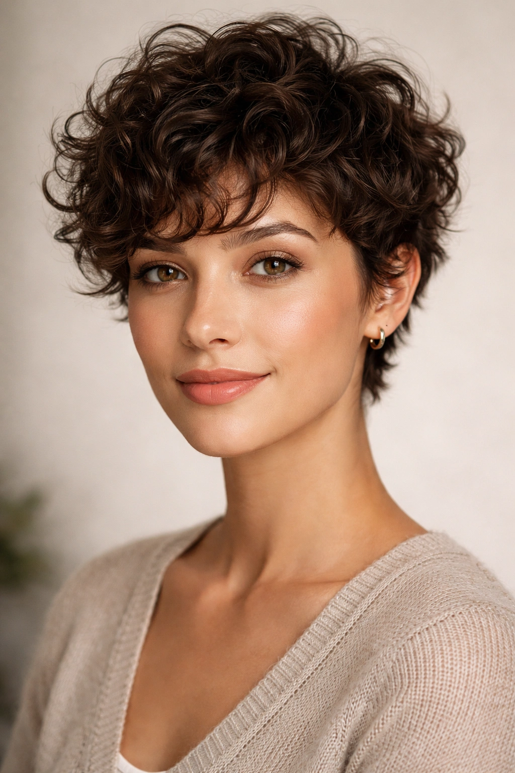 Portrait of a curly pixie cut with defined curls