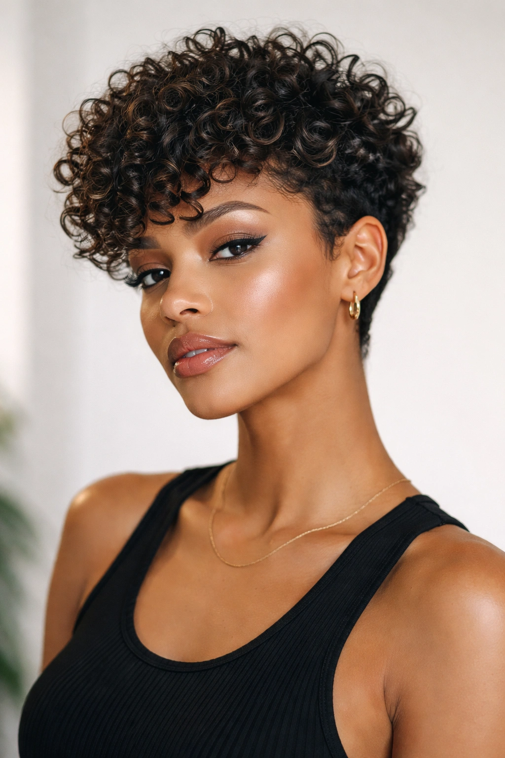 Front-facing shot of a curly pixie with defined curls and volume.