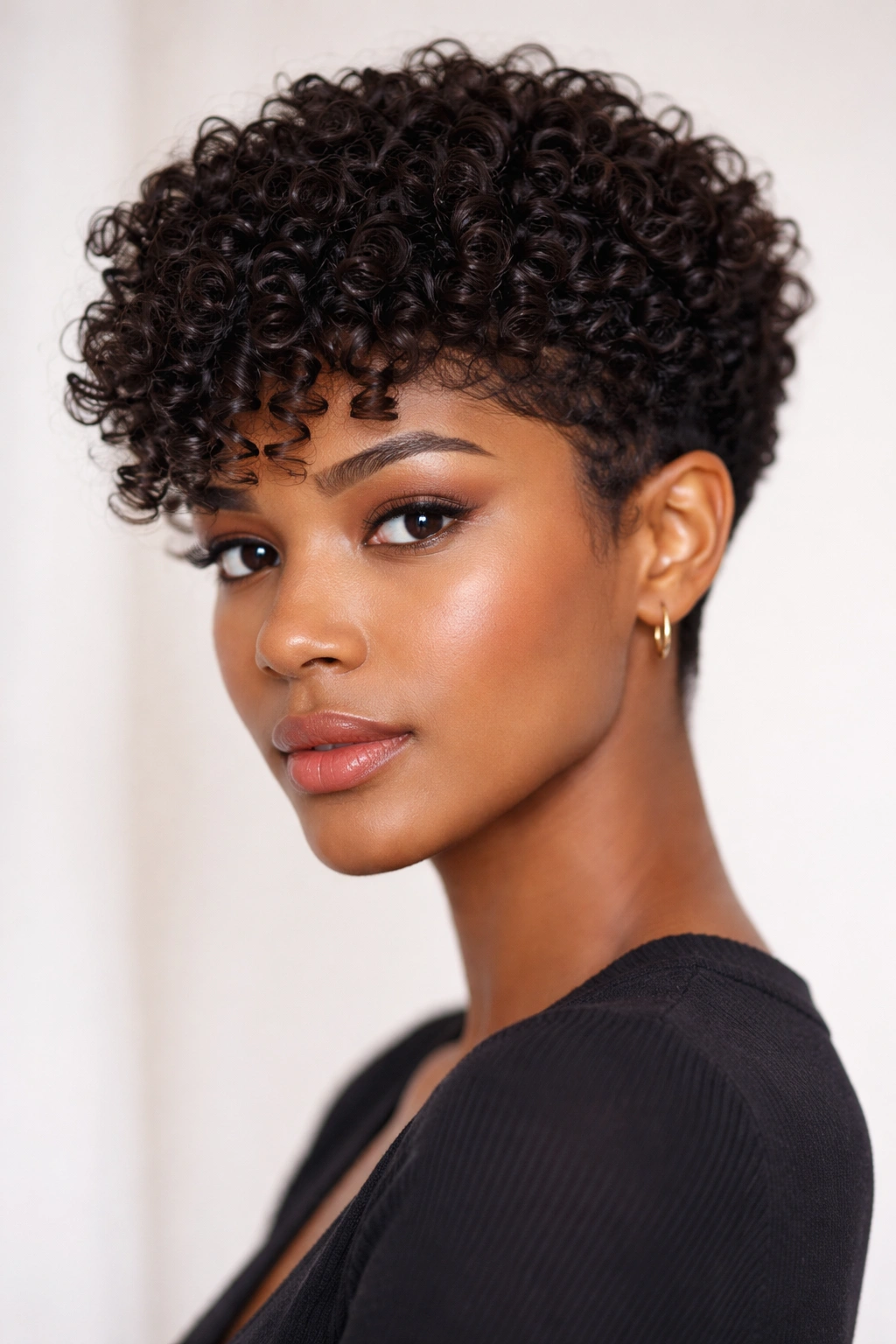 Curly pixie cut with dense curls and crown volume.