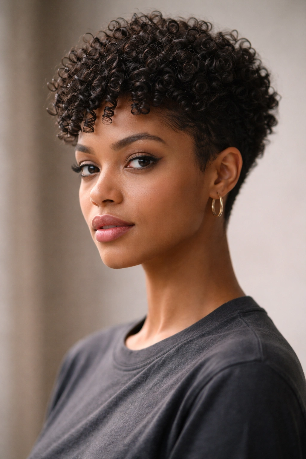 12 Textured Haircuts Organized By Curl Pattern 7 Close-up of a person with a defined curly pixie cut showing textured coils