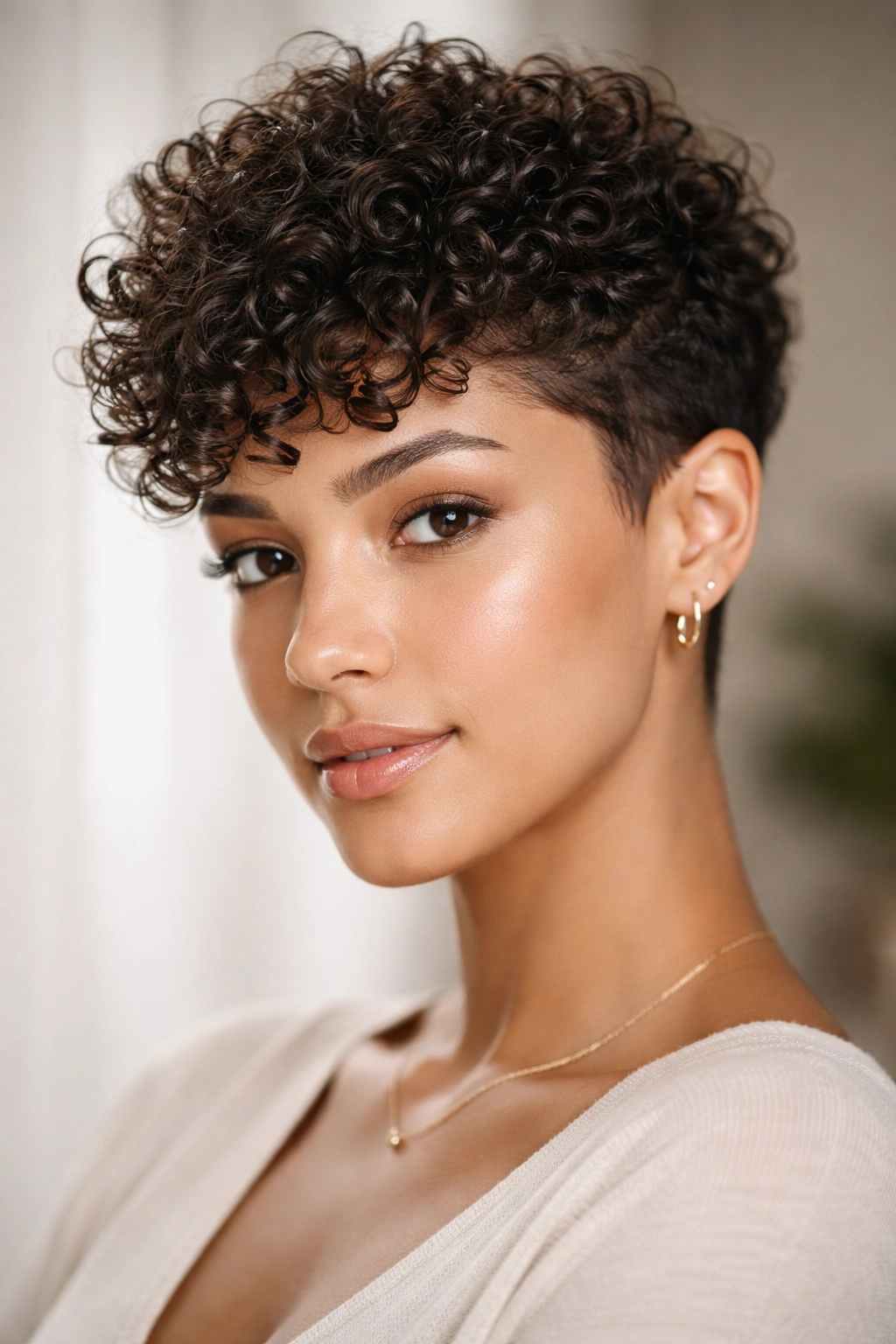 Close-up of The Curly Pixie showing defined curls on top with short sides.