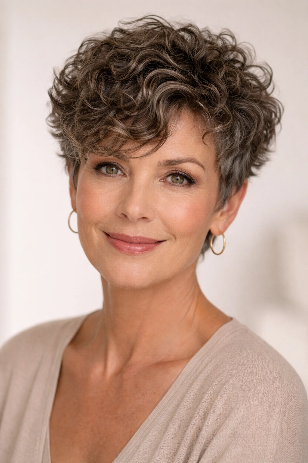 Close-up of a model with a curly pixie cut showing defined curls and shape.
