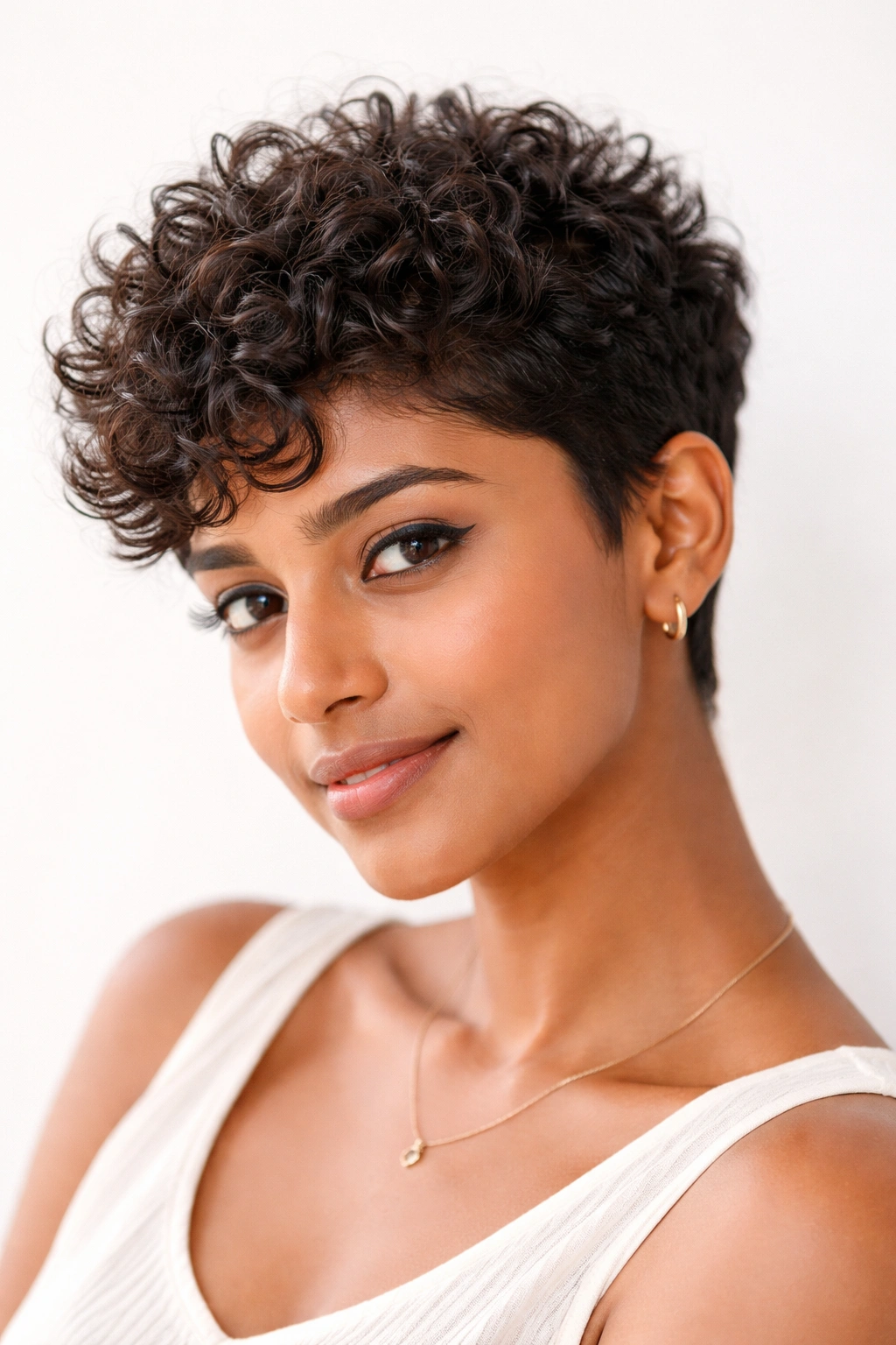 Portrait of a woman with a curly pixie cut showing natural curls.