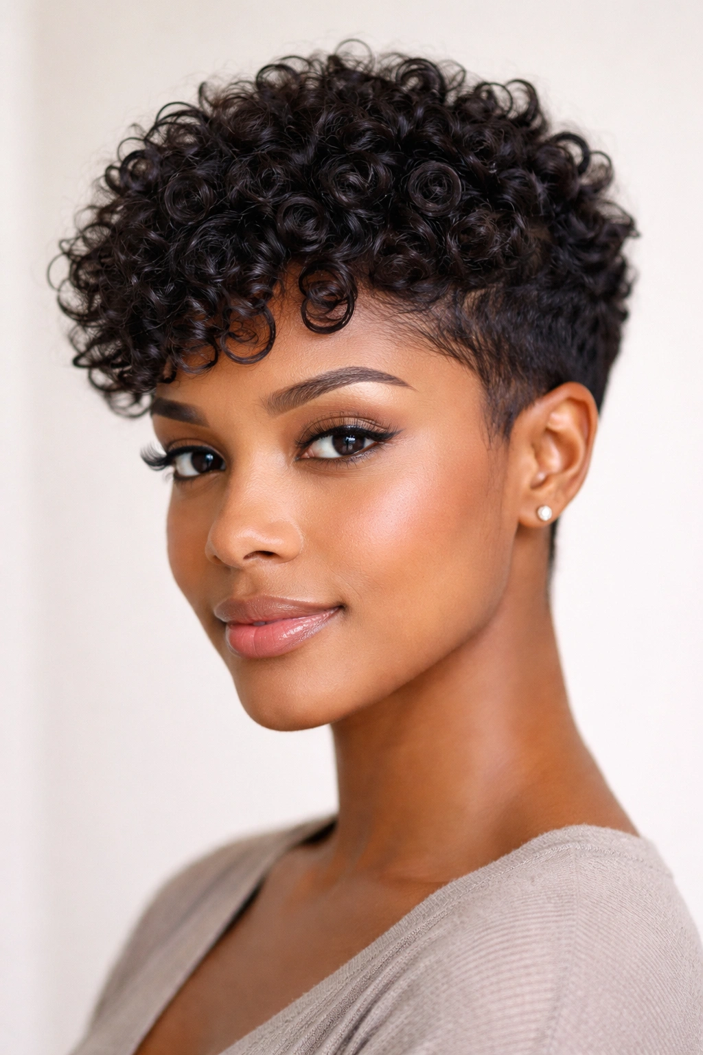 Curly pixie cut with defined curls and tapered sides