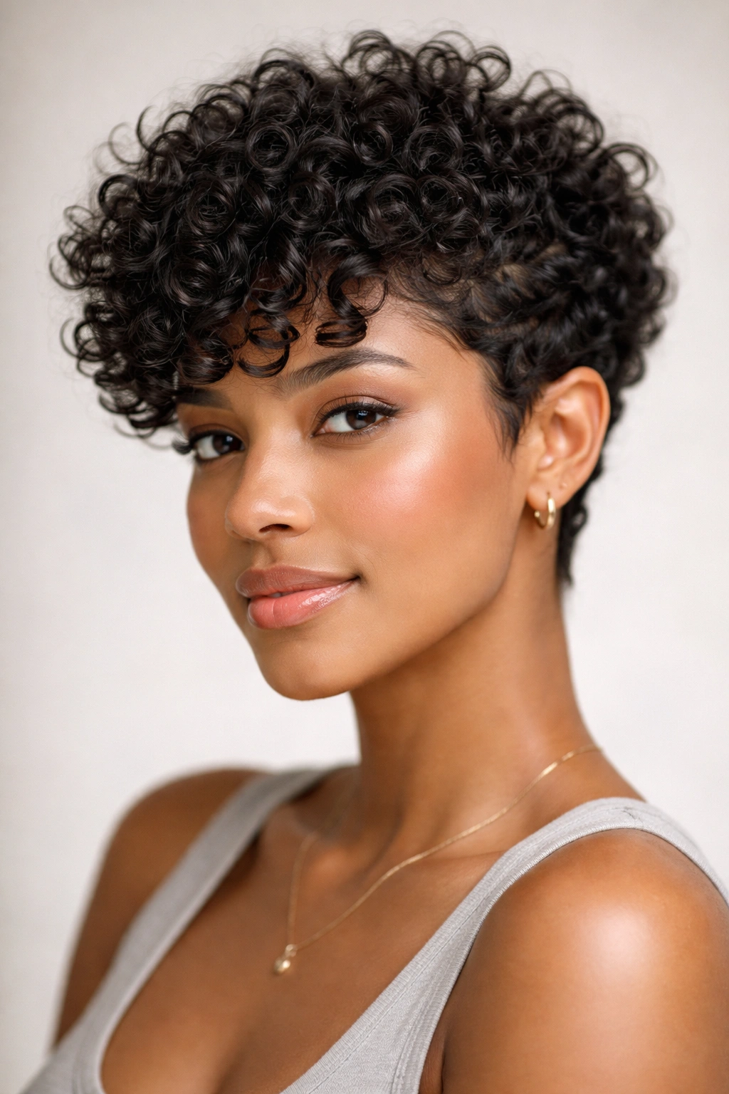 15 Pixie Styles Perfectly Suited To Round Faces 11 Close-up portrait of a person with a curly pixie and defined coils