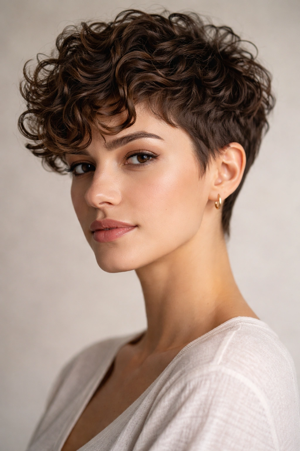 Close-up of a person with curly pixie featuring defined waves and a longer top, with tapered sides.