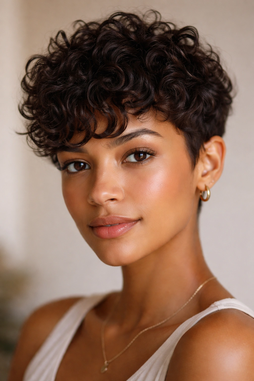 10 Short Curly Pixie Cuts For Natural Texture 7 Close-up of curved fringe pixie haircut with soft curls framing the face
