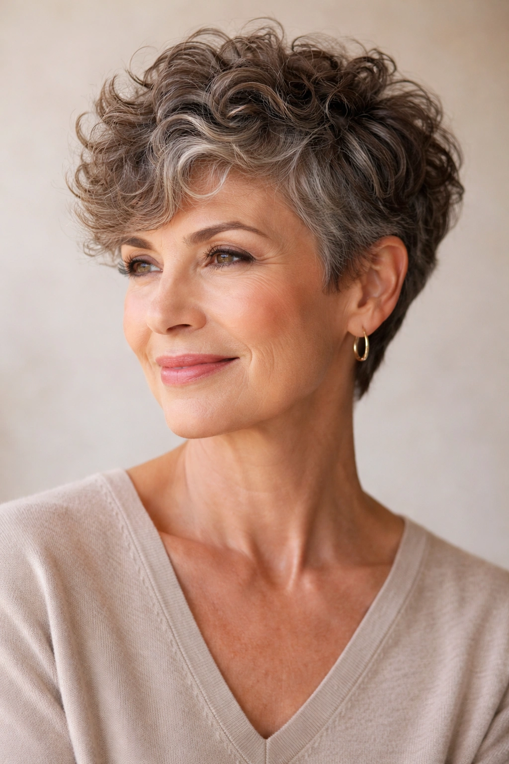 15 Youthful Haircuts That Flatter Older Women 15 Close-up portrait of a curly pixie haircut showing defined curls and volume