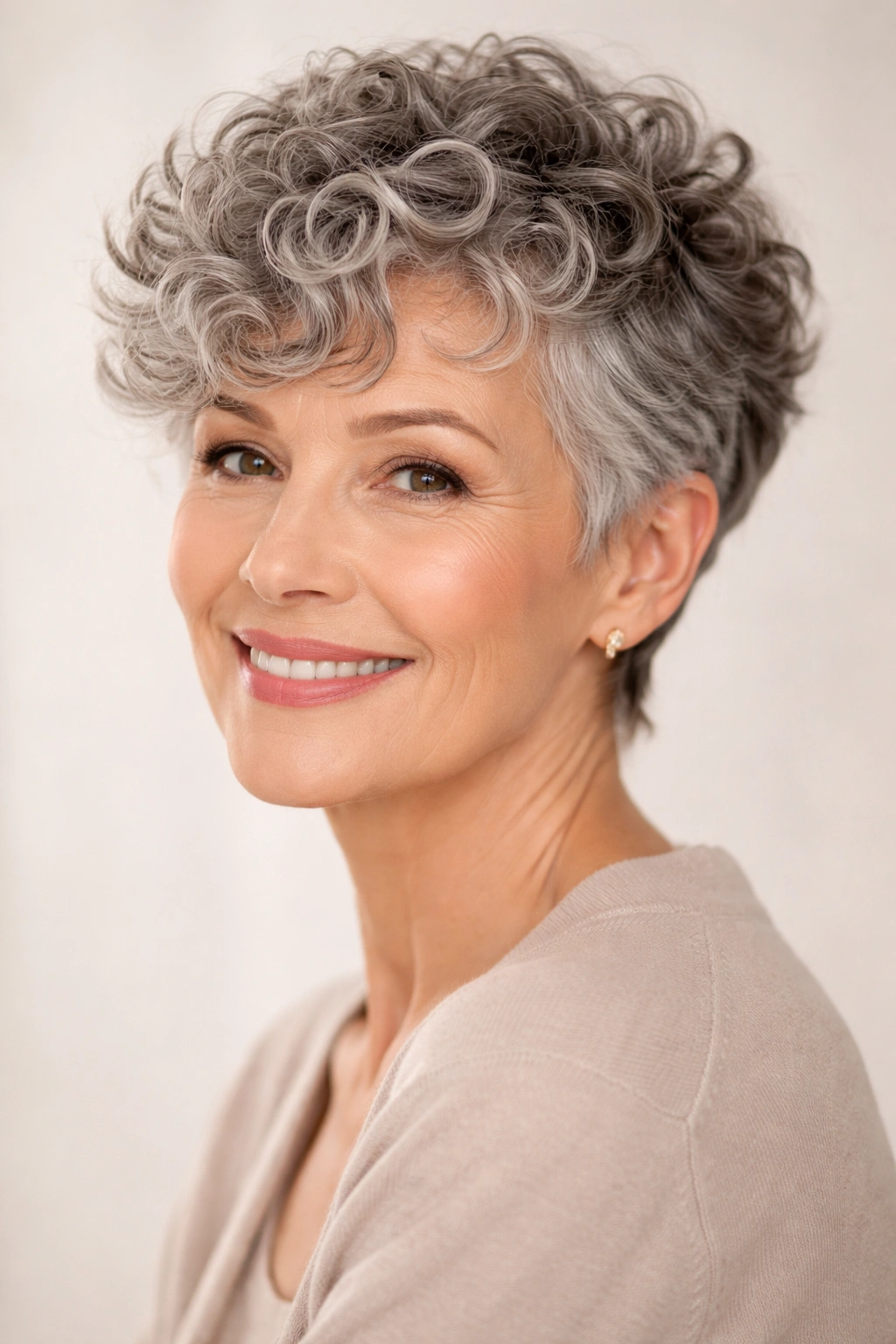 Curly pixie cut on a mature woman with defined curls