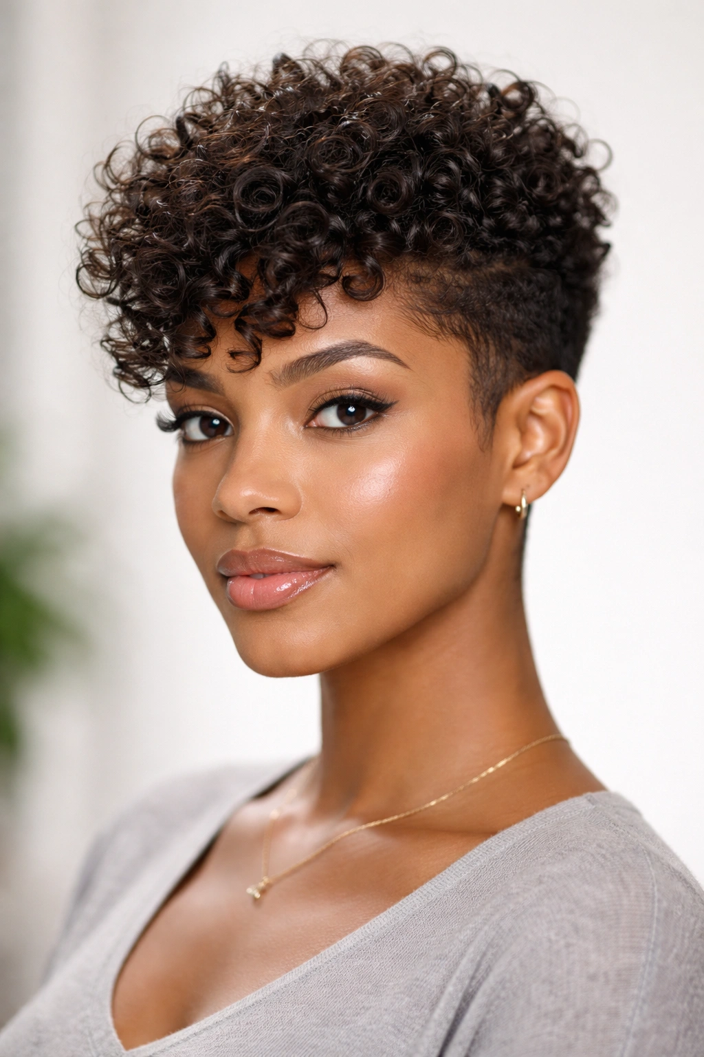 Close-up of curly textured pixie with longer top and short sides