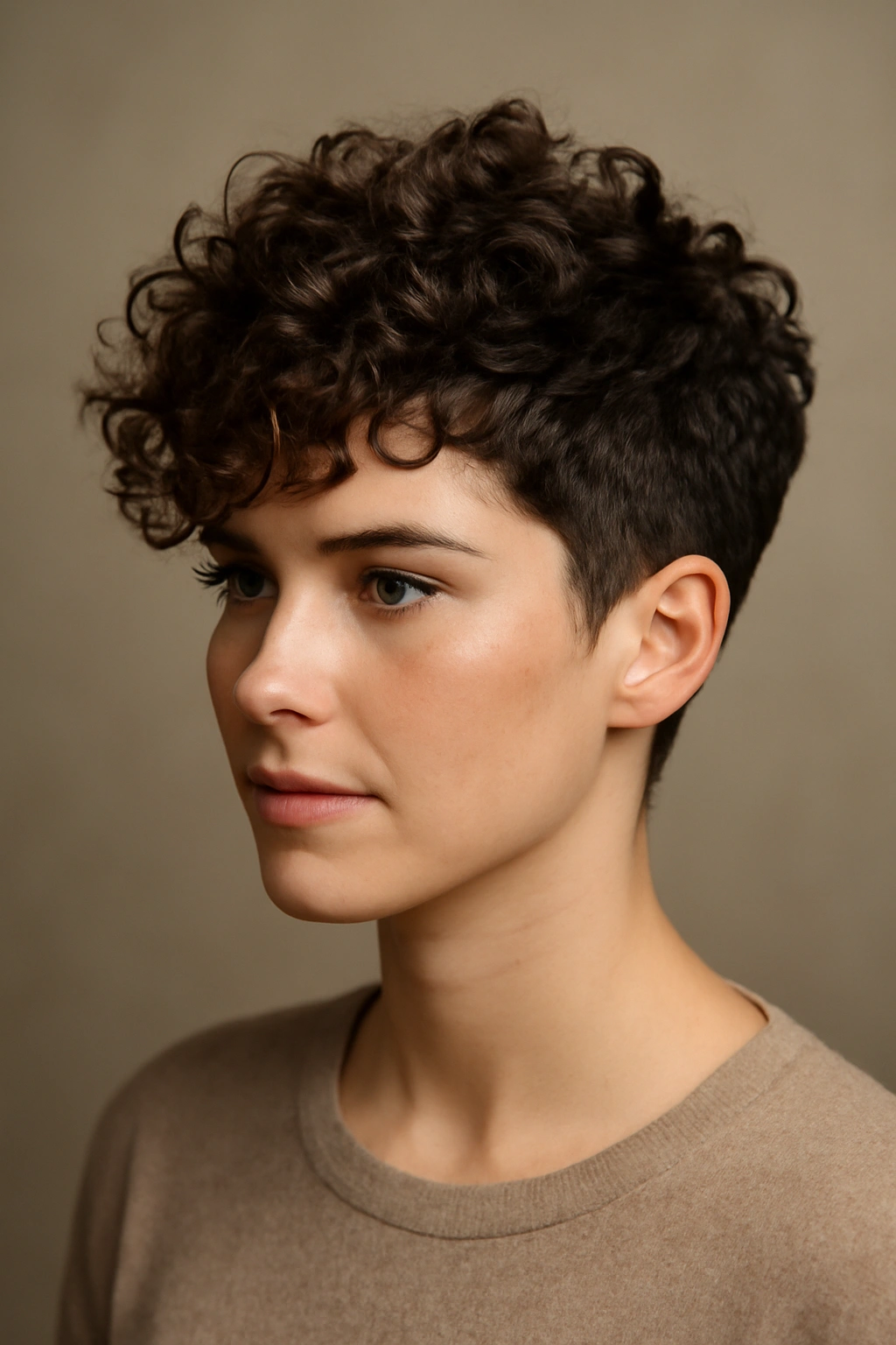 Close-up portrait of a person with curly-friendly tapered pixie showing long curls on top and short sides
