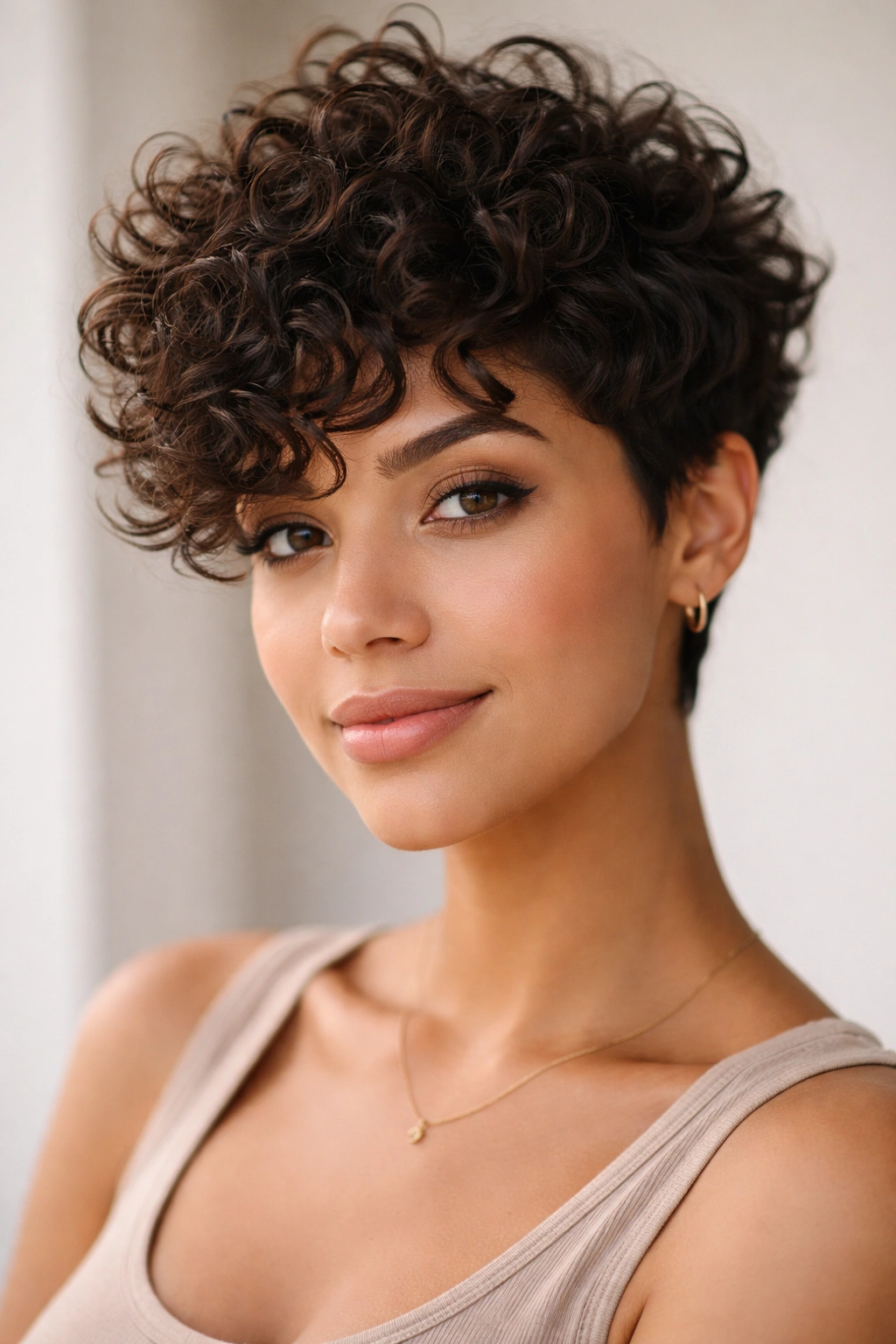 15 Short Haircuts That Look Great On An Oval Face 12 Close-up of a person with a curly pixie hairstyle with defined curls