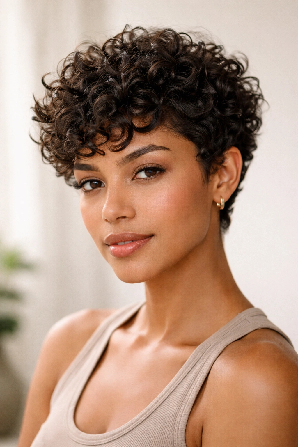 Close-up of curly pixie cut with defined curls and short length