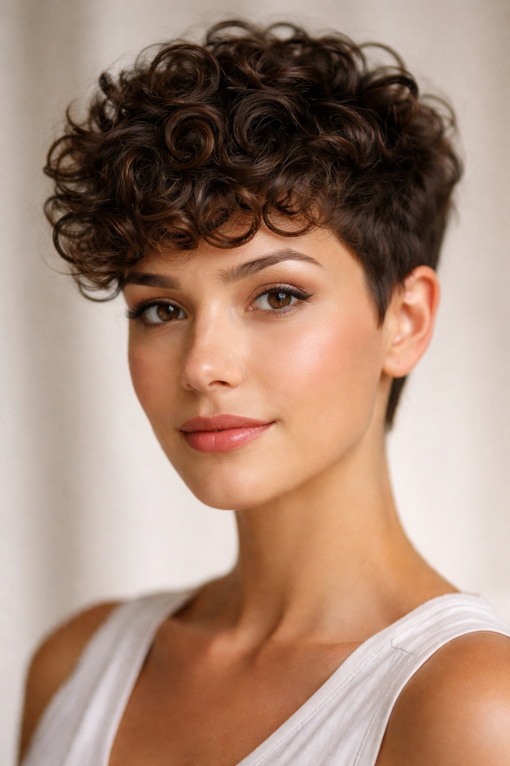 Close-up of curly-haired pixie with long top and tapered sides highlighting curl texture