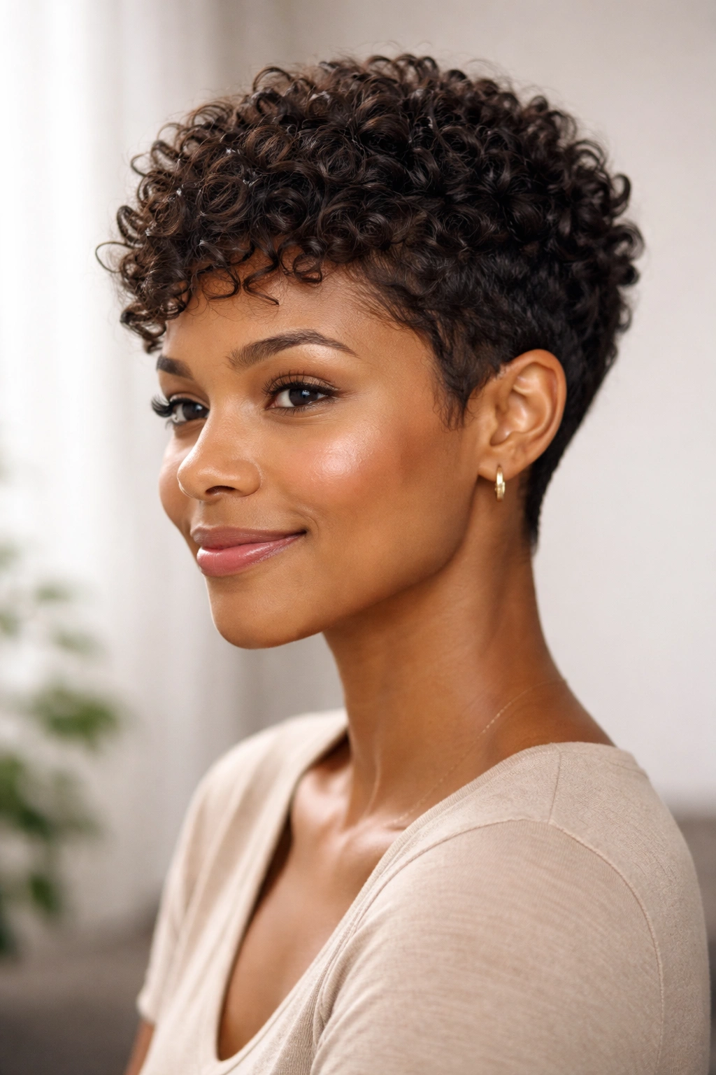 Short curly pixie with defined curls and natural texture.