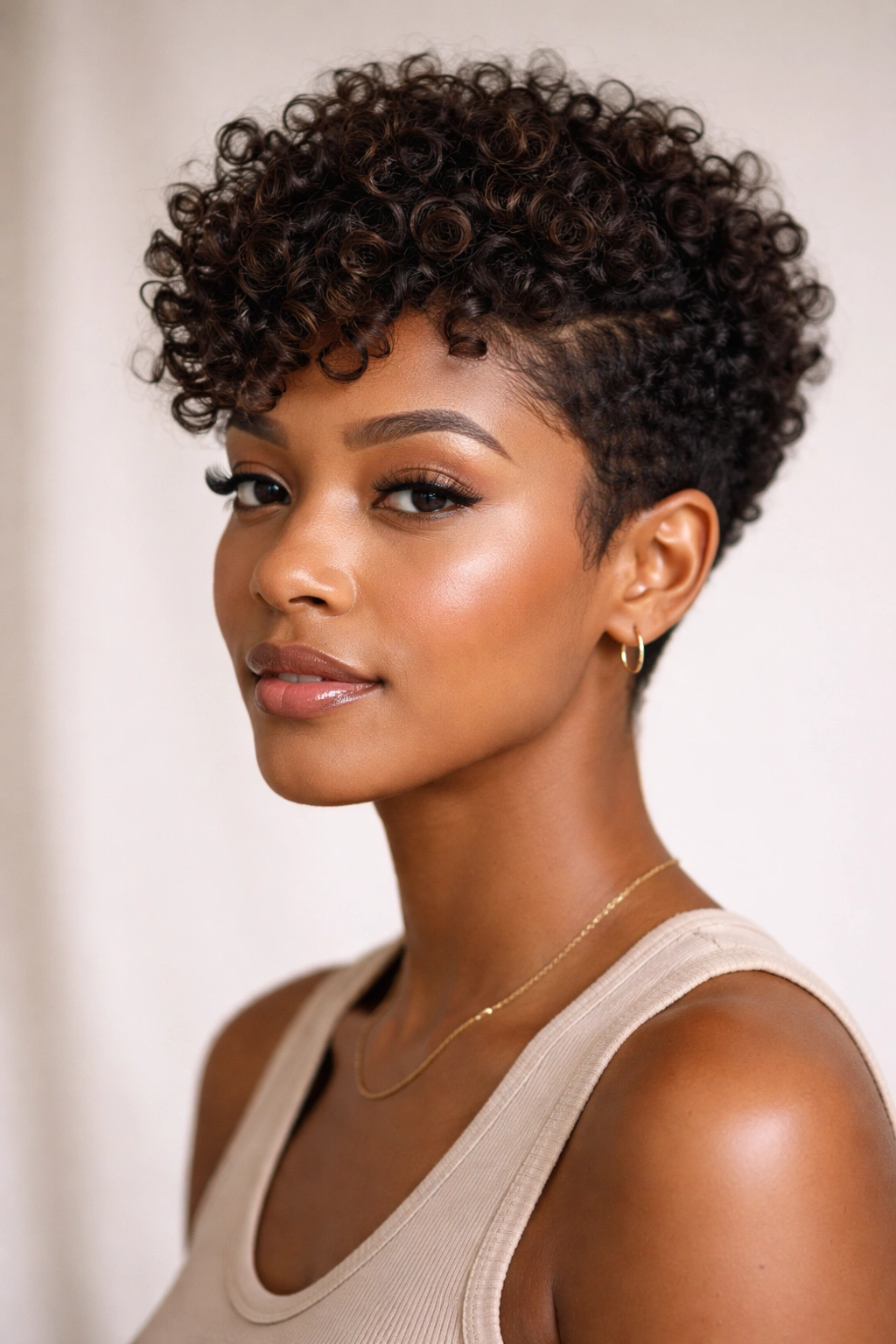 Close-up portrait of a curly textured pixie cut with defined curls