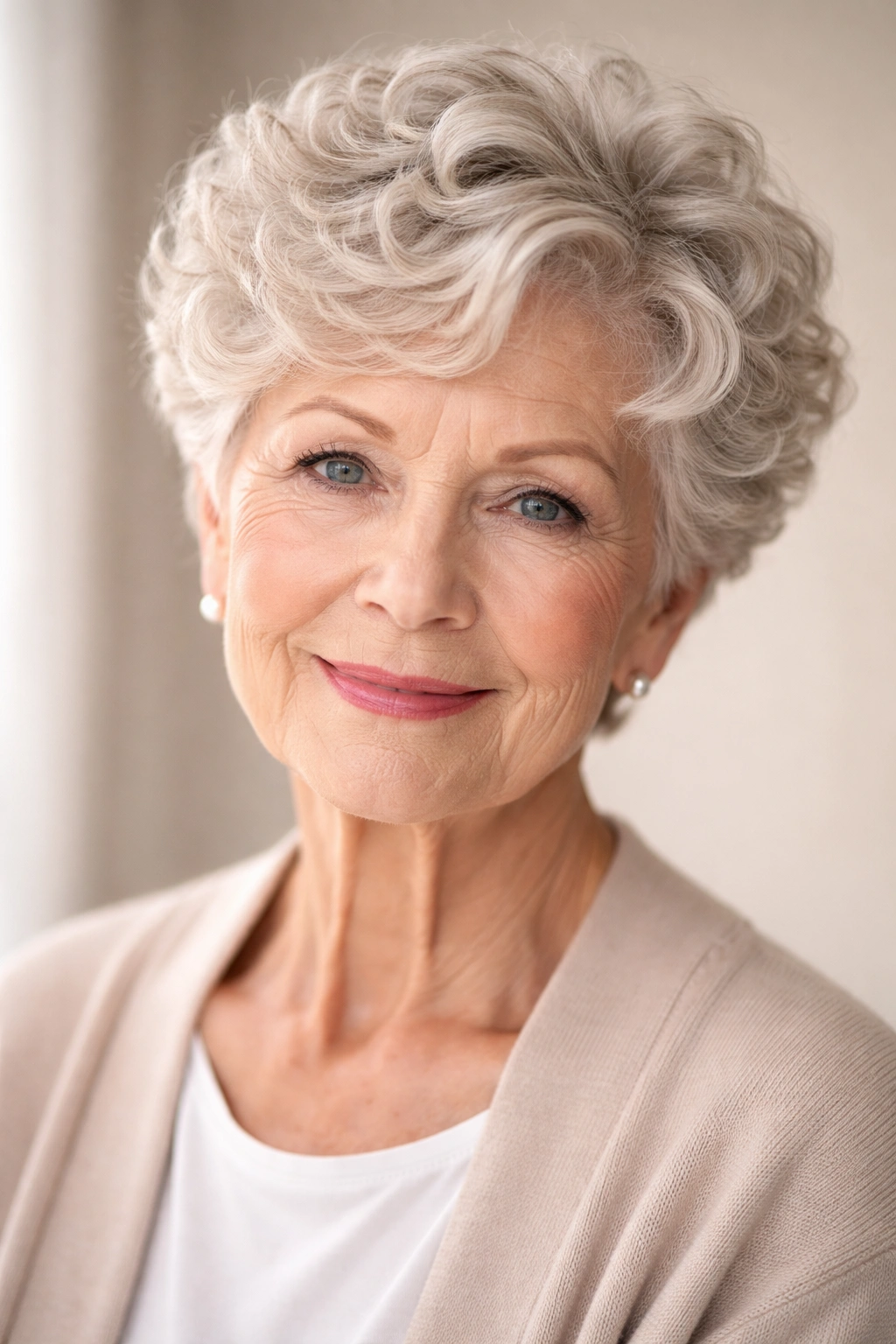 Close-up of an older woman with a soft curly pixie hairstyle showing natural curls and volume.