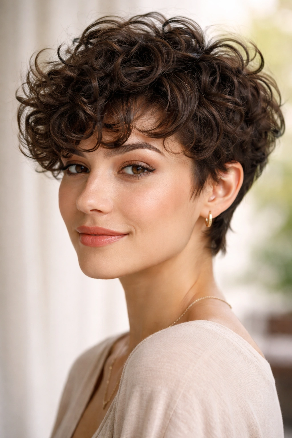 30 Short Haircuts That Flatter Almost Every Woman 18 Close-up of a curly pixie hairstyle with defined curls