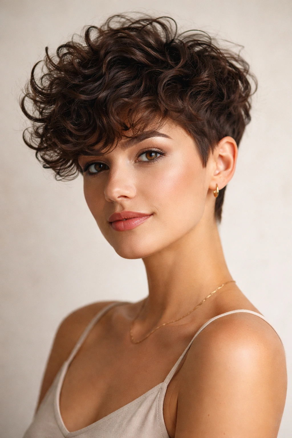 12 Long Pixie Hairstyles From Sleek To Textured 4 Portrait of curly long pixie with volume showing defined curls and layered top.