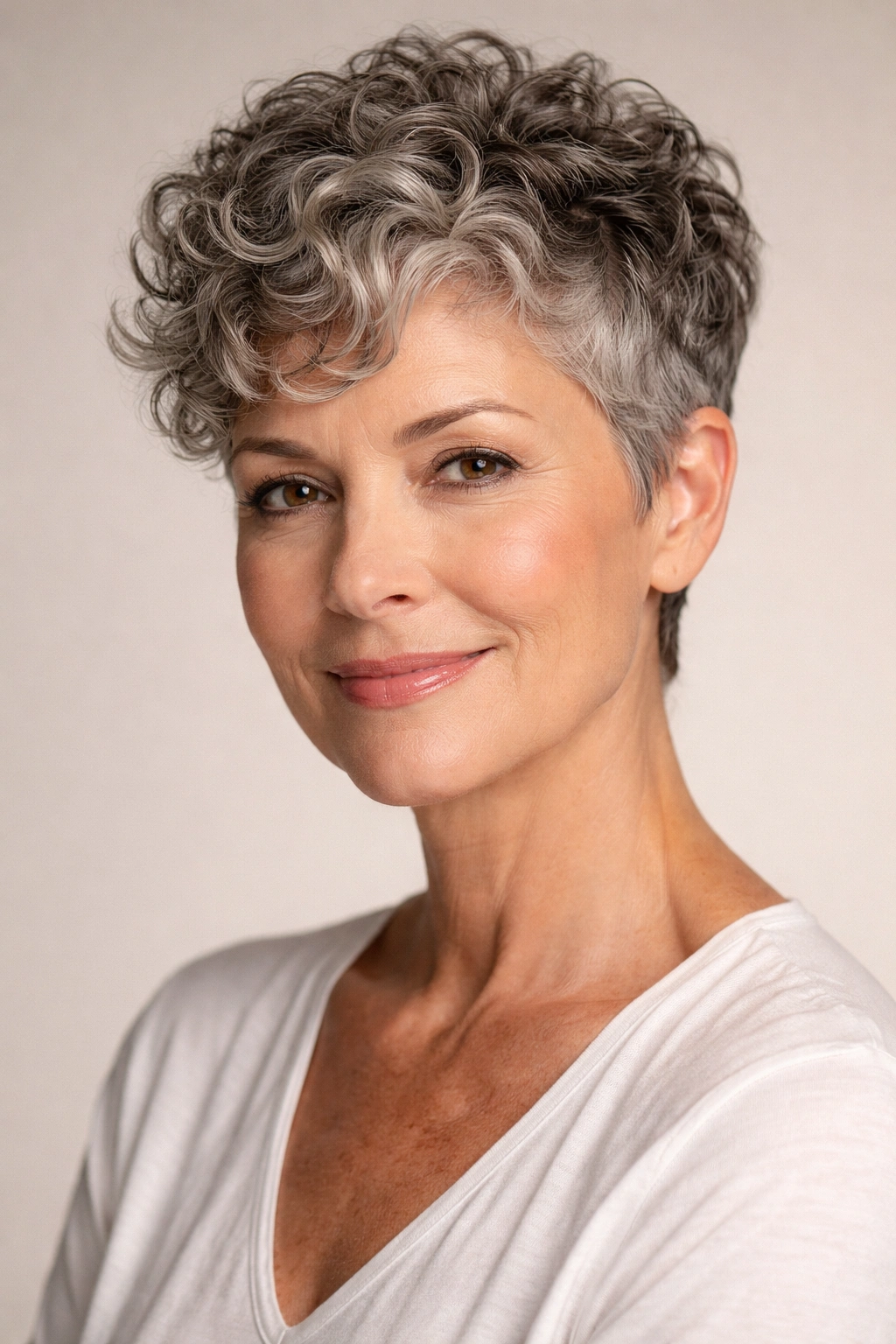 Mature woman with short textured curly pixie cut