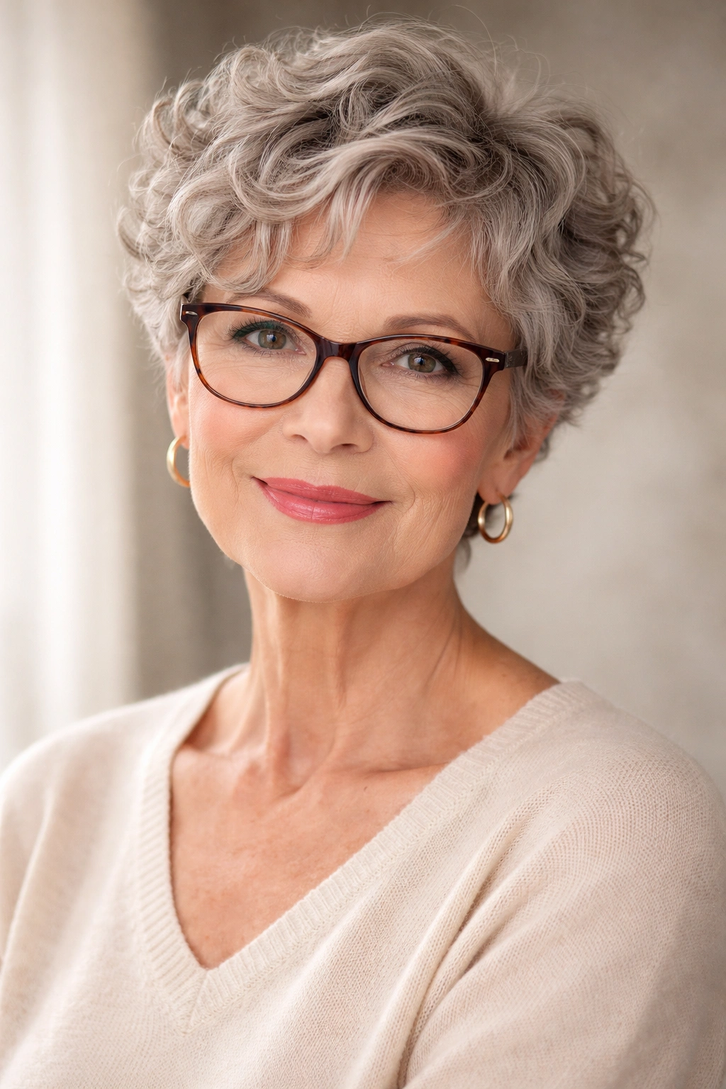Portrait of a woman with a soft curly pixie and natural curls.