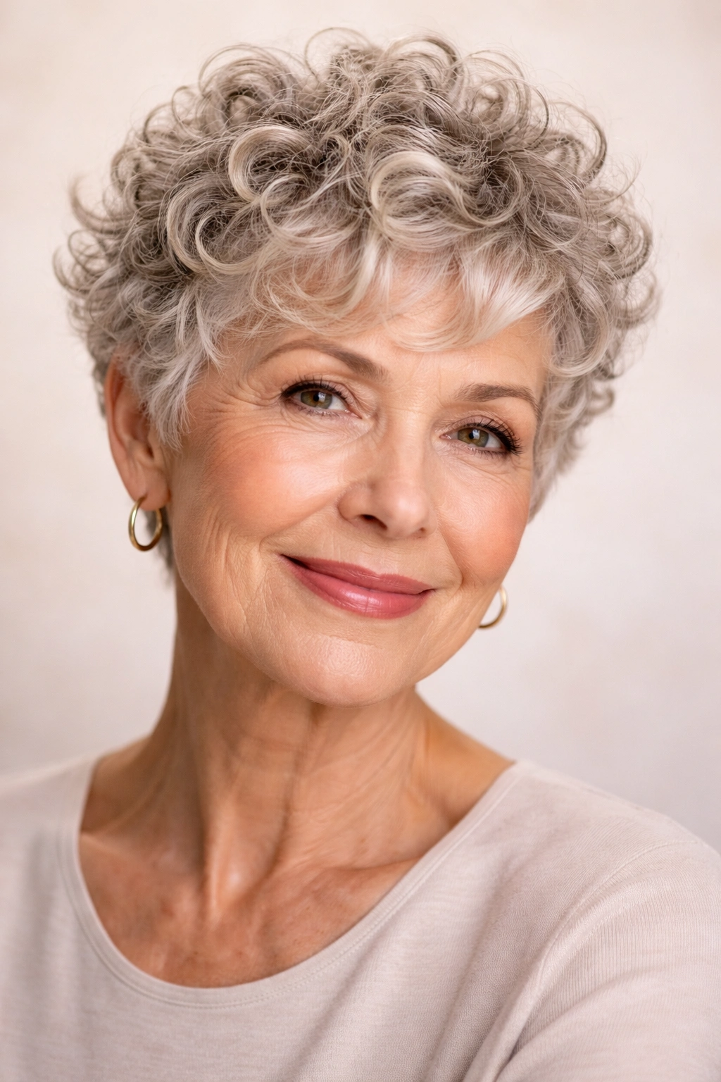 Close-up of a woman with a curly pixie cut highlighting natural curl texture