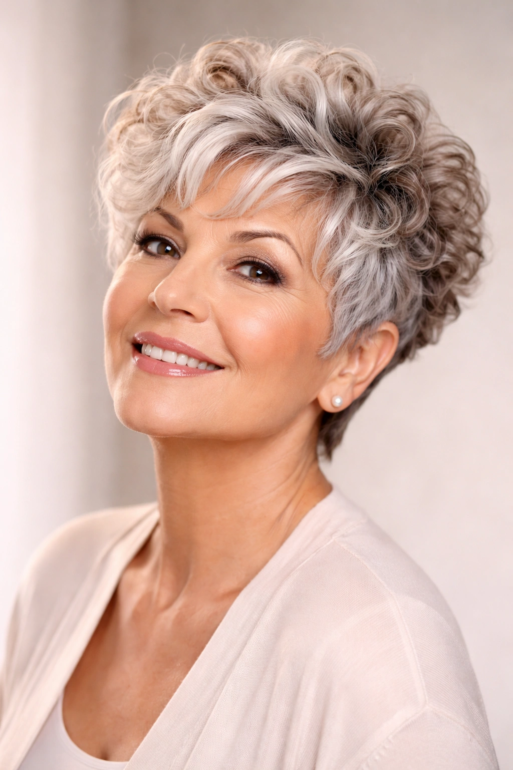 Portrait of a woman with a curly pixie and platinum highlights
