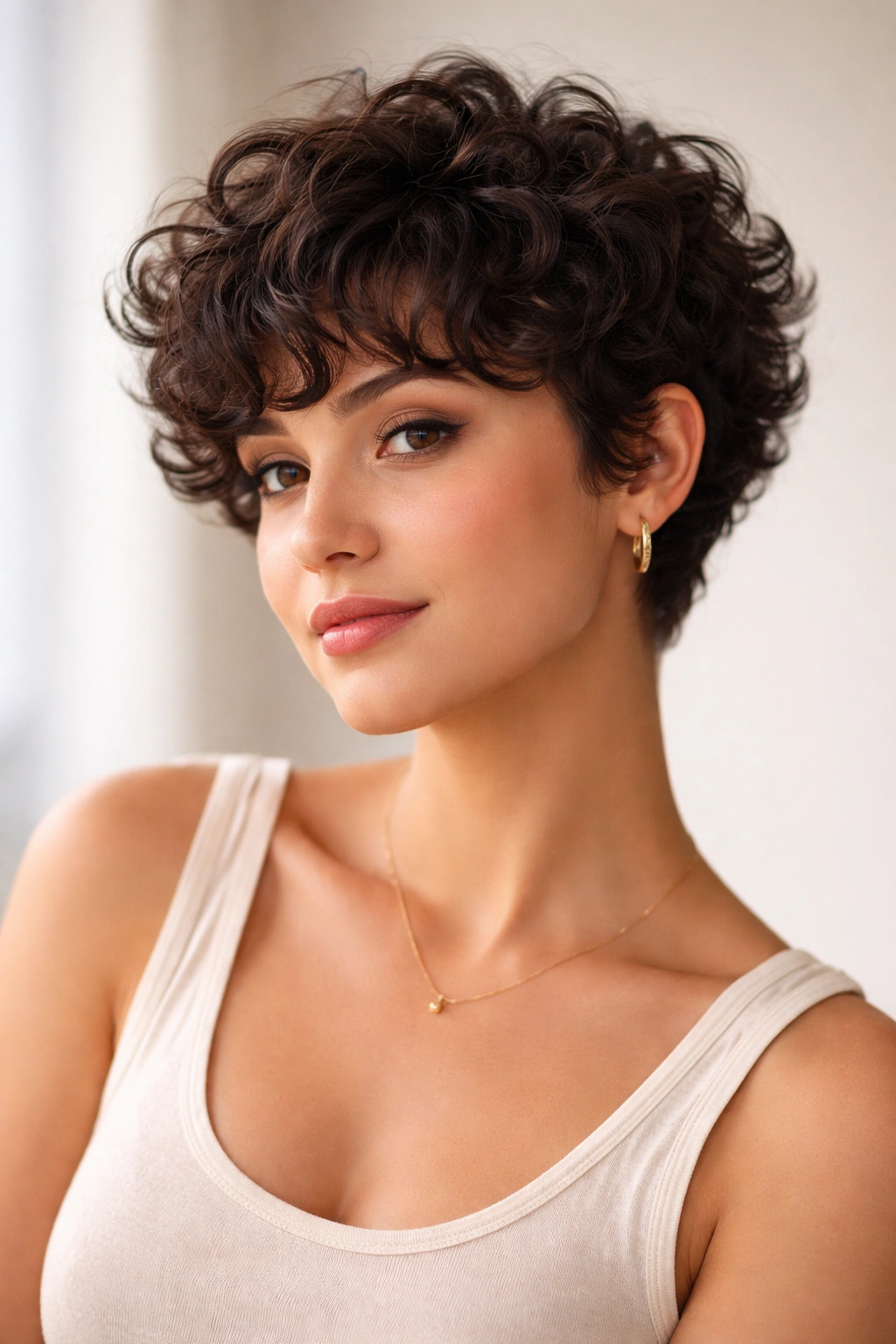 12 Pixie Haircuts With Bangs For Round Faces 10 Curly pixie with rounded bangs showing defined curls