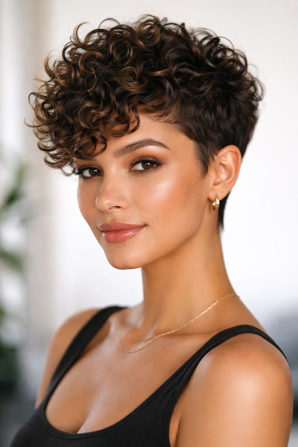 Curly pixie cut with defined curls and tapered sides