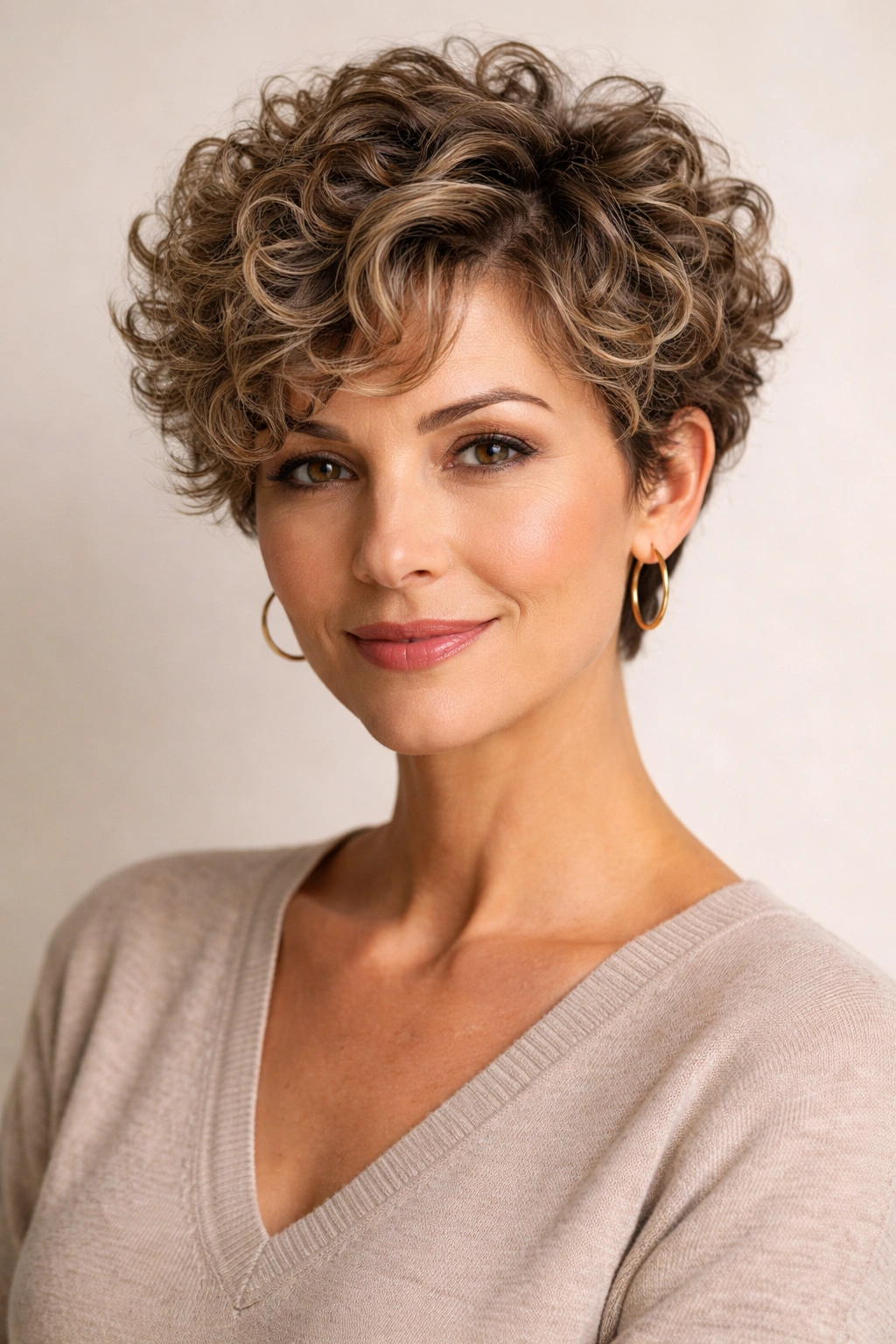 Curly pixie cut with defined curls and volume on a mature woman