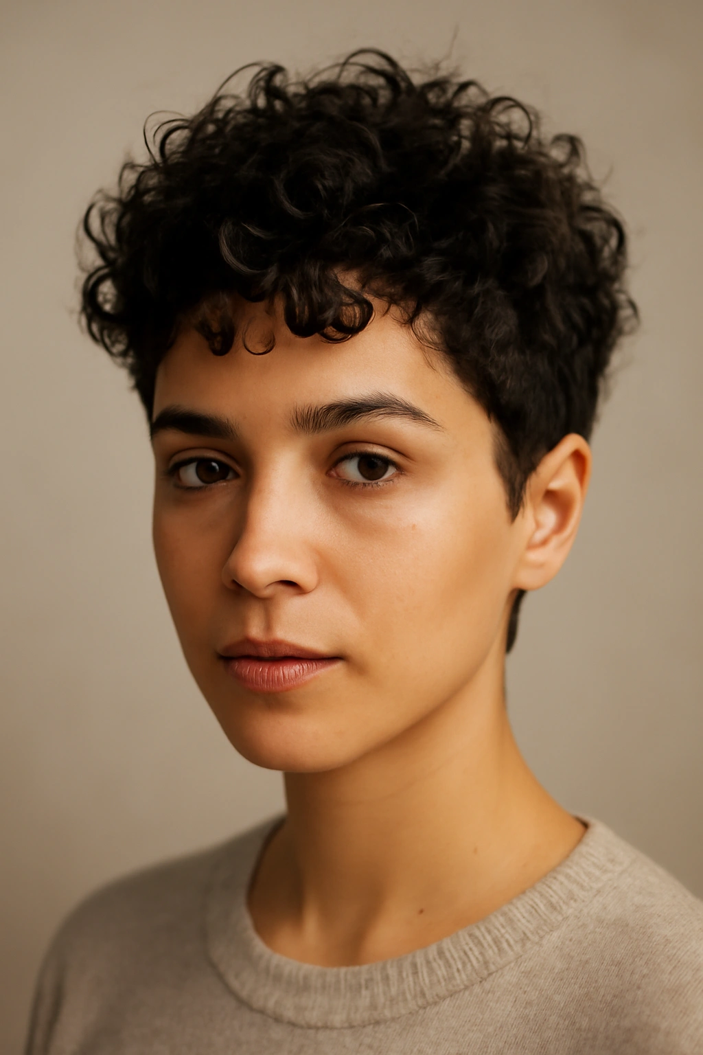 Close-up of a person with a curly pixie cut showing defined curls