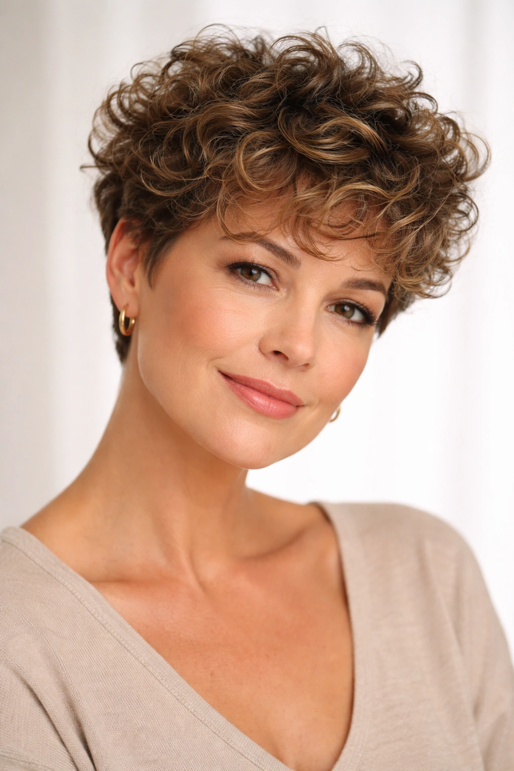 Close-up of curly pixie with textured volume on crown in studio lighting