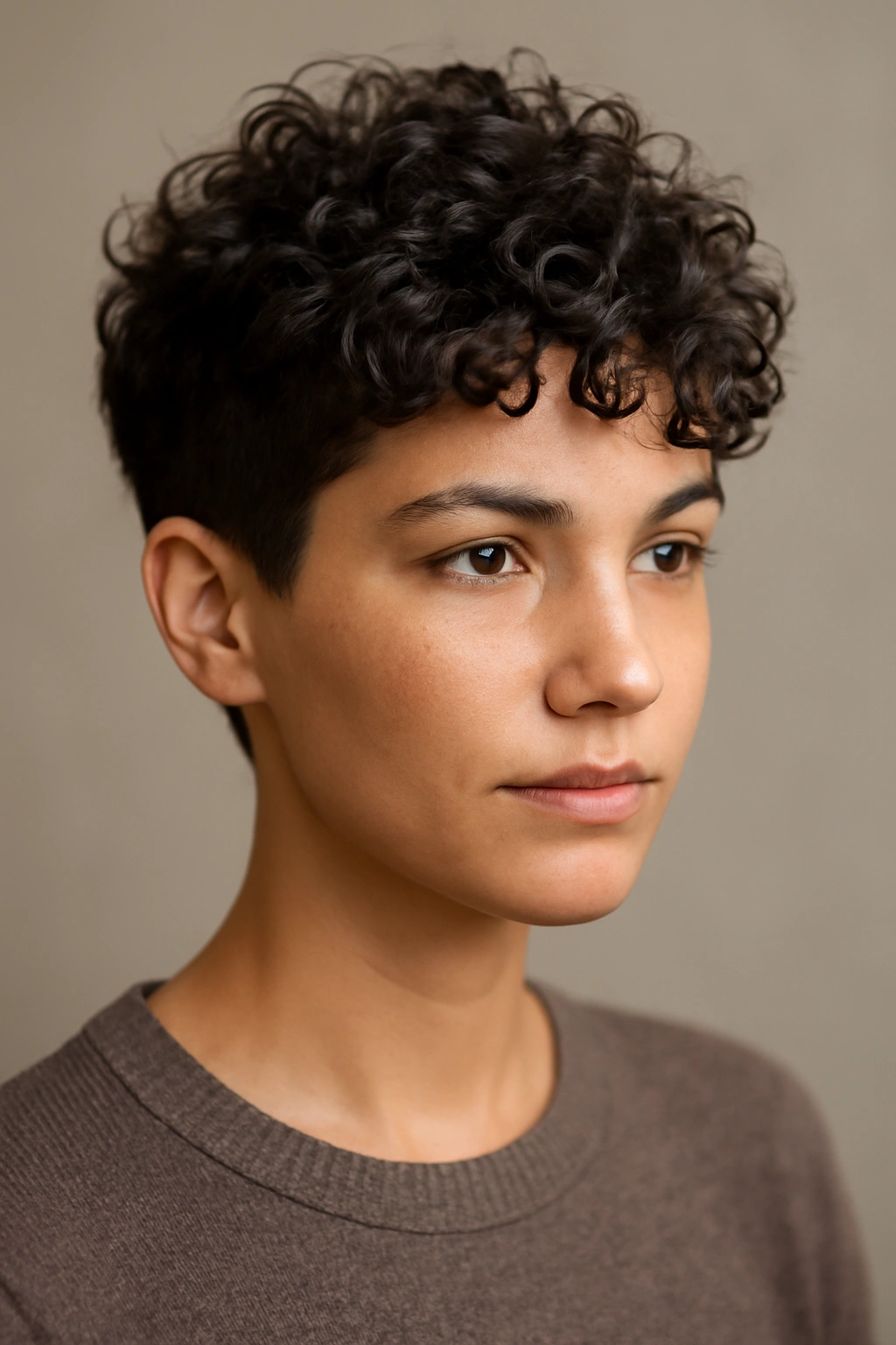 20 Pixie Styles Ranging From Classic To Edgy 7 Close-up portrait showing a curly pixie haircut with high curl texture and short sides.