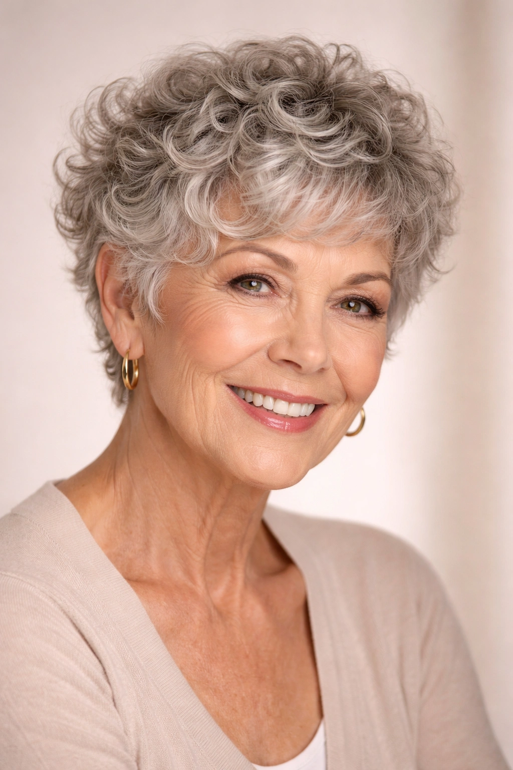 Mature woman with a textured curly pixie cut