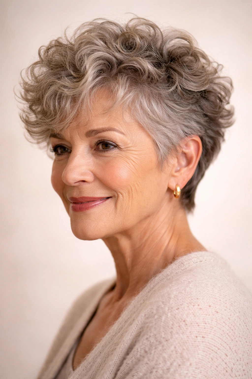 Curly pixie with defined curls and volume on a mature woman.
