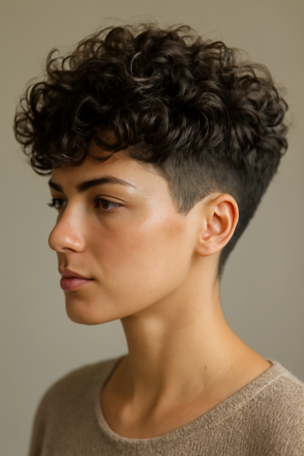 12 Wavy Pixie Styles Perfect for Wash and Go 5 Close-up of The Curly-Topped Pixie with a curly top and tapered sides