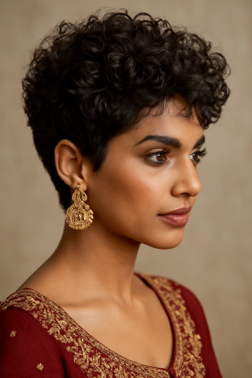 10 Beautiful Short Hairstyles for Indian Weddings 9 Close-up of curly pixie cut with volume at the crown
