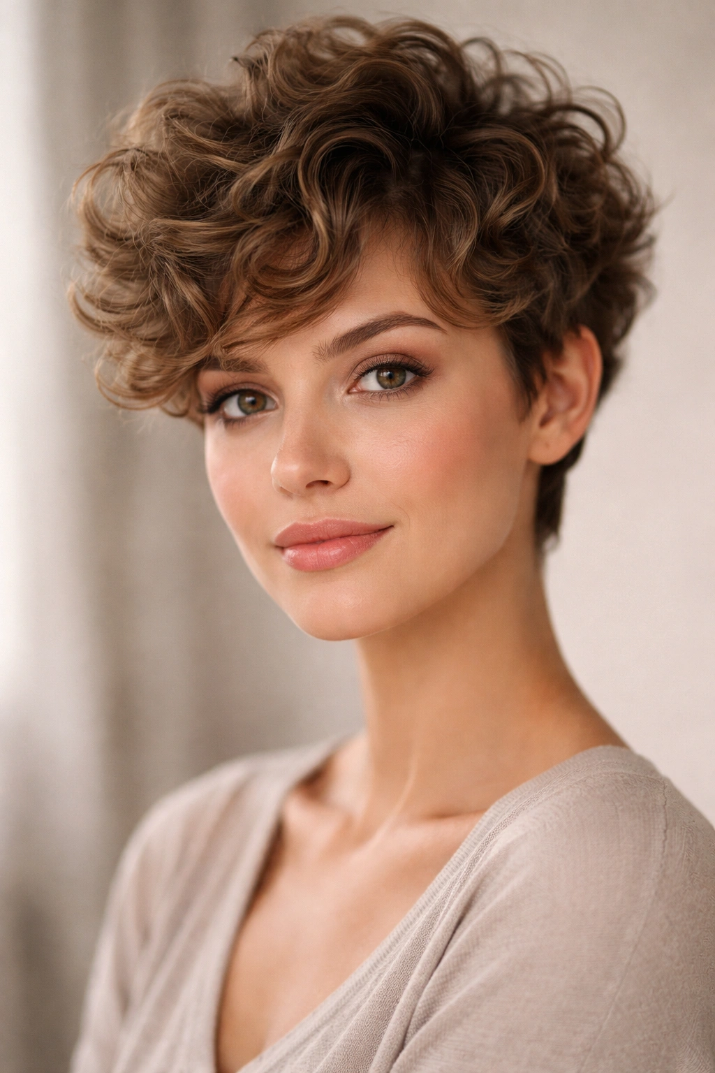 15 Short Haircuts Made For Heart Shaped Faces 14 Close-up of a woman with a curly pixie cut and voluminous curls in soft studio lighting