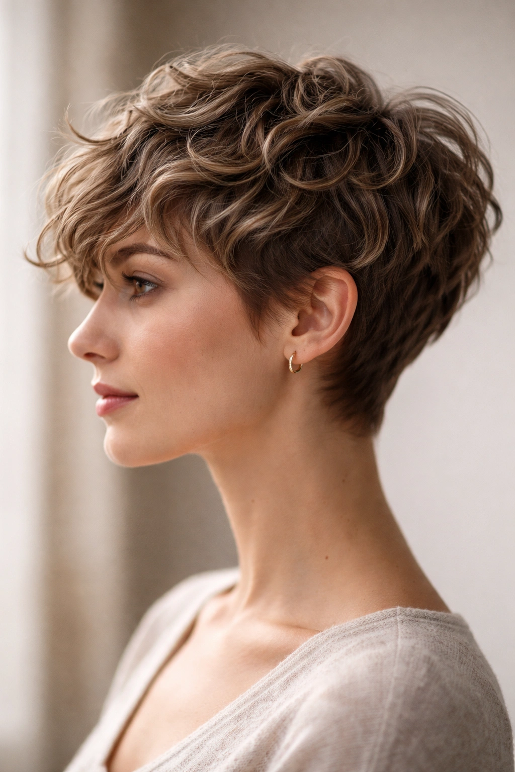 Wavy Pixie Cuts 12 Styles For Naturally Wavy Hair 7 Close-up profile of a Curly Girl Method pixie with layered waves and defined curls