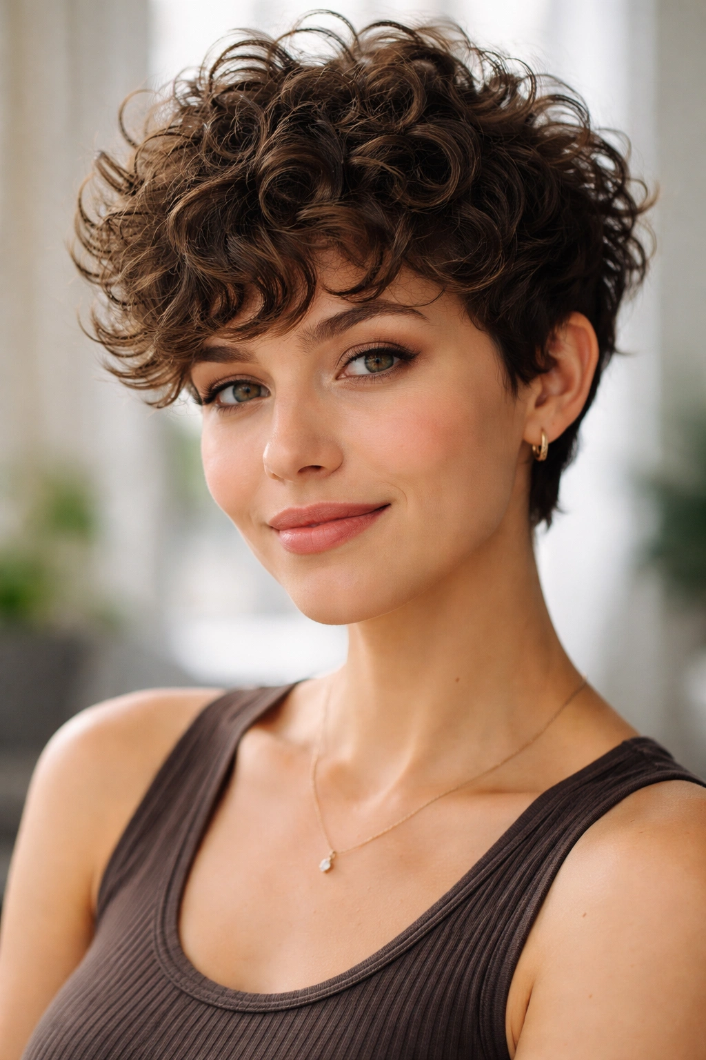 Portrait of a young adult with a curly pixie showing defined curls