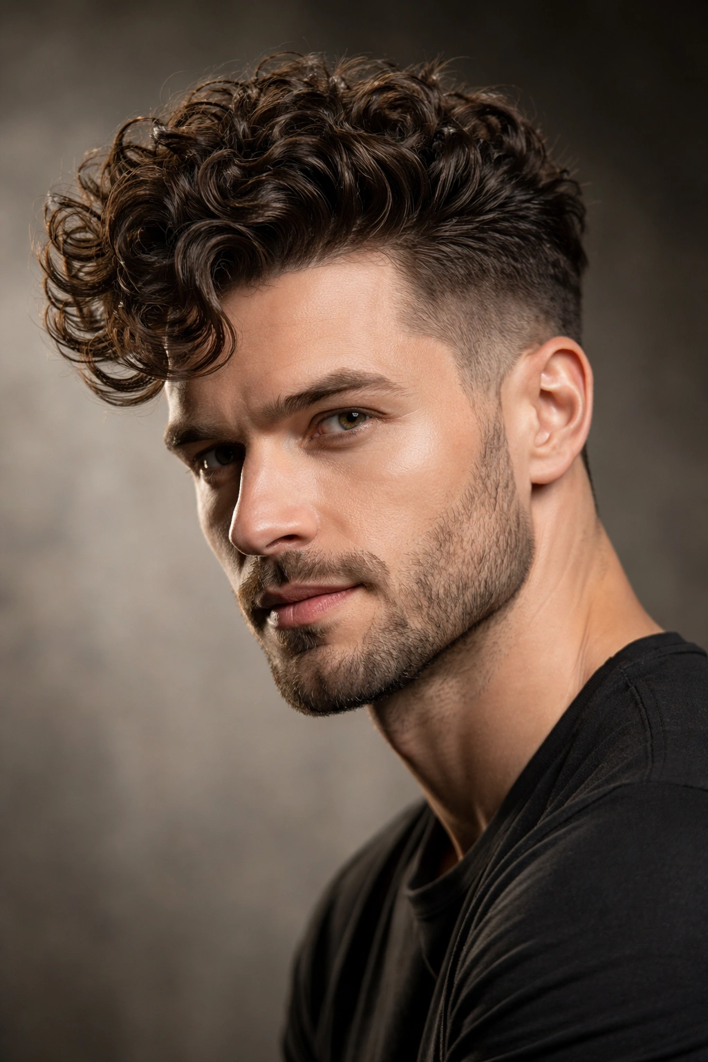 Portrait of a man with a curly pompadour and faded sides