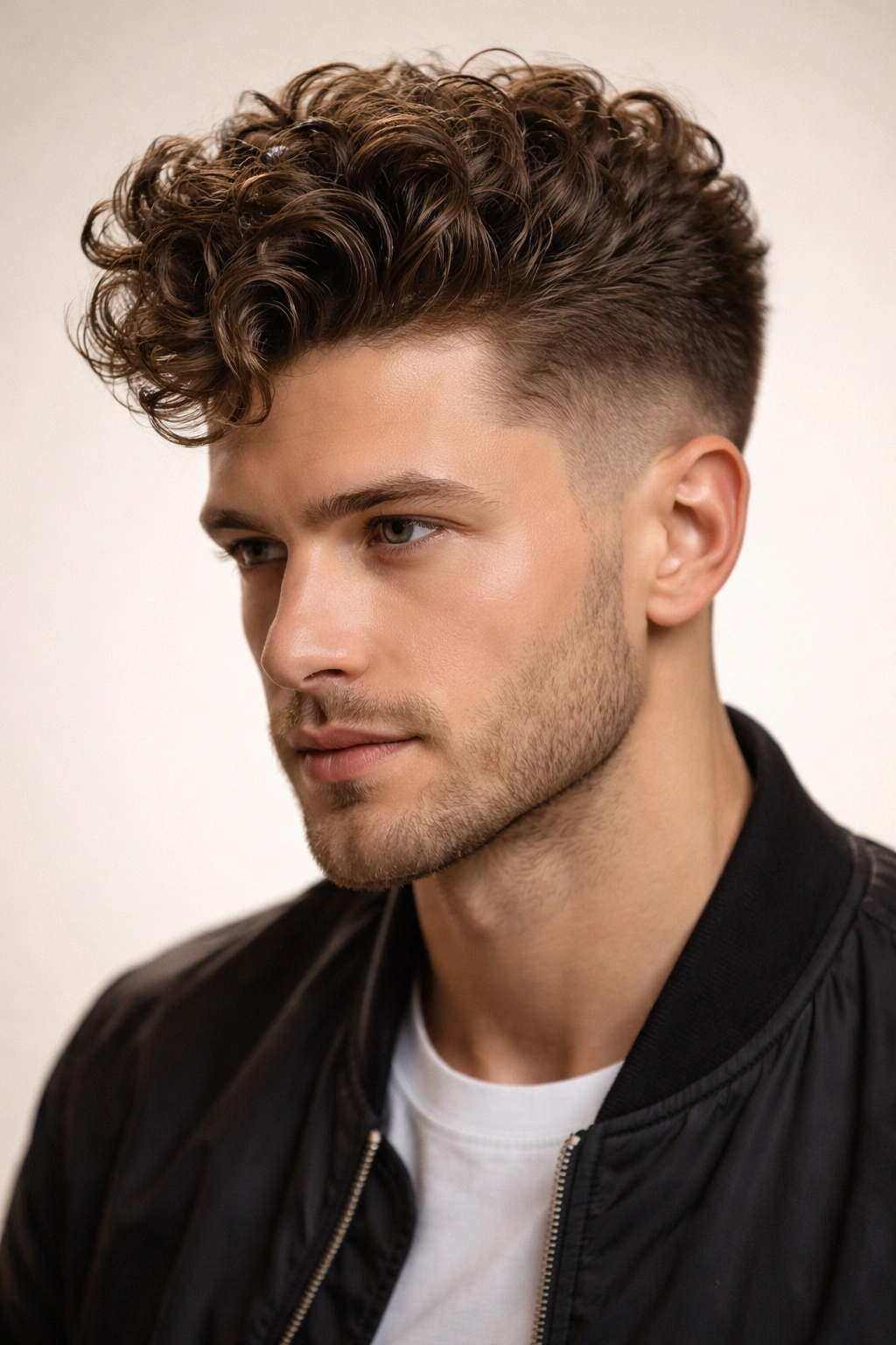 Close-up of curly pompadour with voluminous curls and short sides