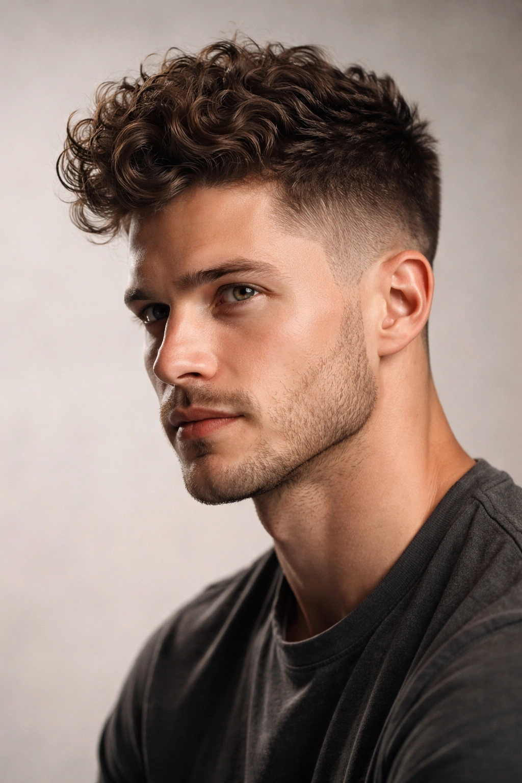 Close-up of a short curly quiff with lifted curls and faded sides.